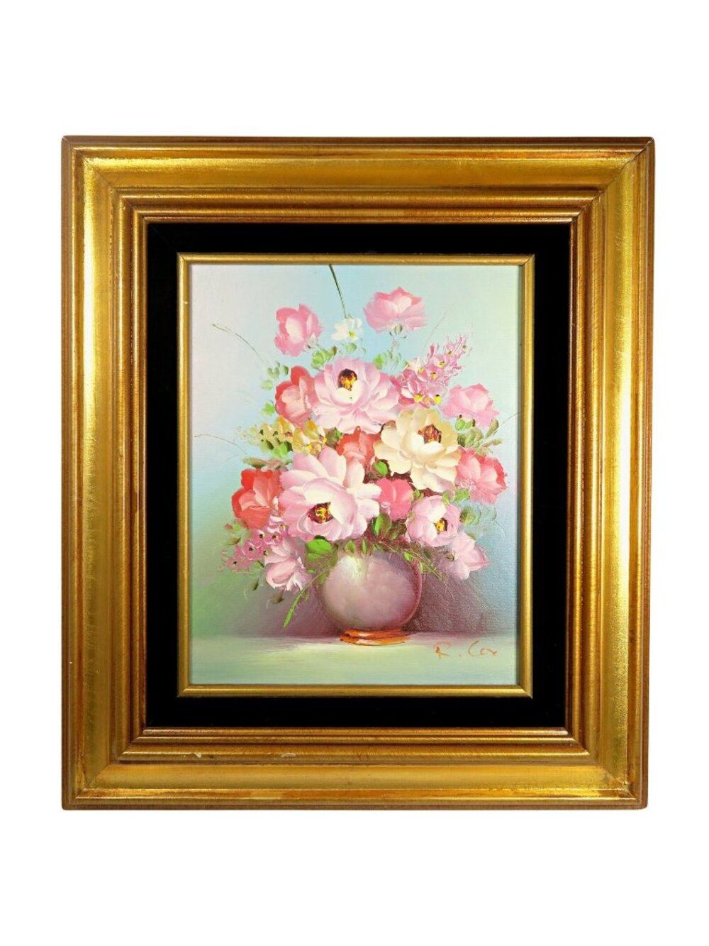 Robert Cox 14x15" Signed Oil Painting Pink Rose Bouquet Vintage Floral Art